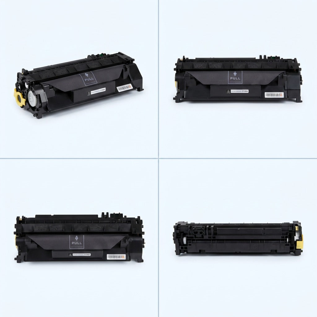 A 2x2 grid showing the Elevate Imaging HP 80A CF280A black toner cartridge from four different angles.