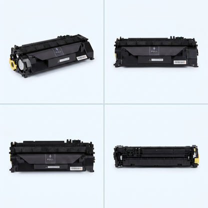 A 2x2 grid showing the Elevate Imaging HP 80A CF280A black toner cartridge from four different angles.