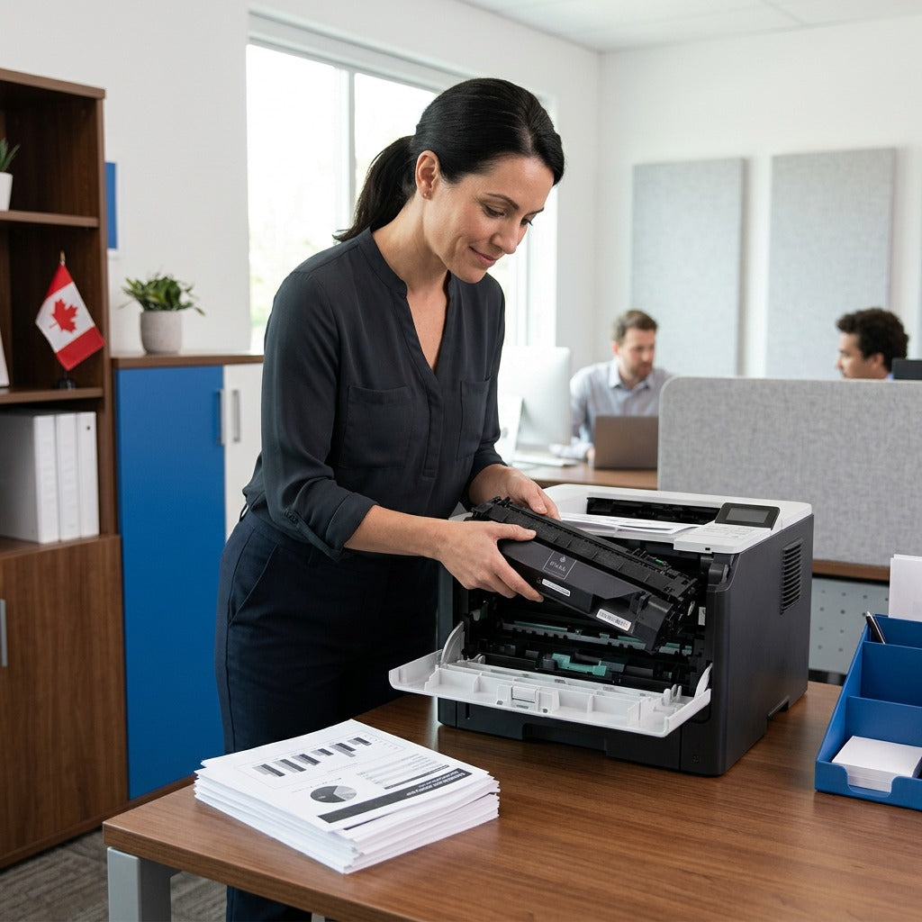 An office manager installs a black HP 80A (CF280A) toner cartridge into a laser printer.