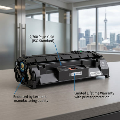 HP 80A black remanufactured toner cartridge callout showing 2,700 page yield and lifetime warranty.