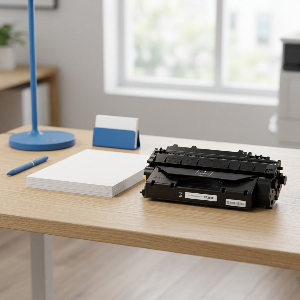 Compatible HP 80X CF280X toner cartridge on a desk next to a stack of A4 paper for scale reference.