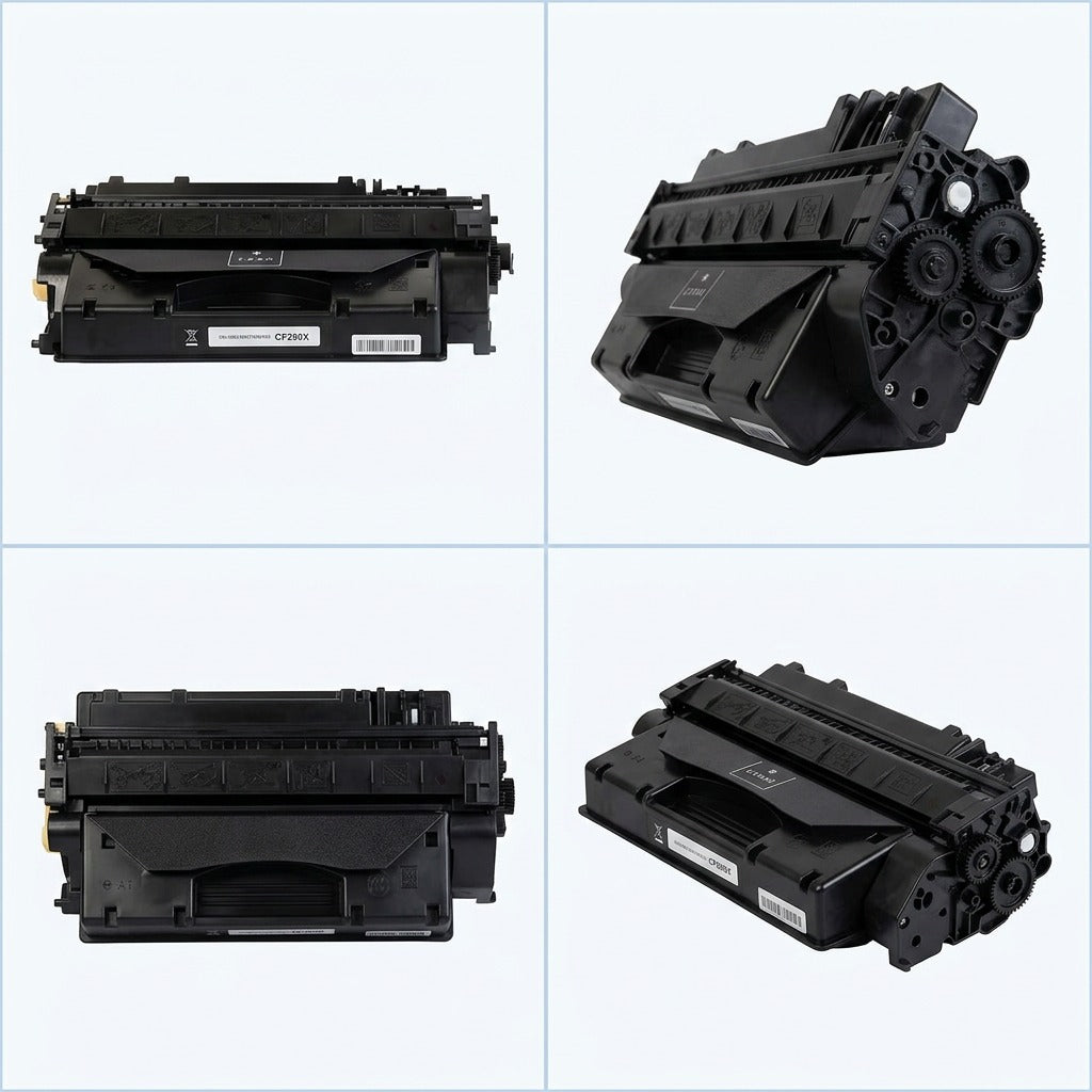 Four-view grid of the Elevate Imaging HP 80X CF280X compatible black toner cartridge.