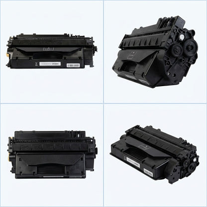 Four-view grid of the Elevate Imaging HP 80X CF280X compatible black toner cartridge.