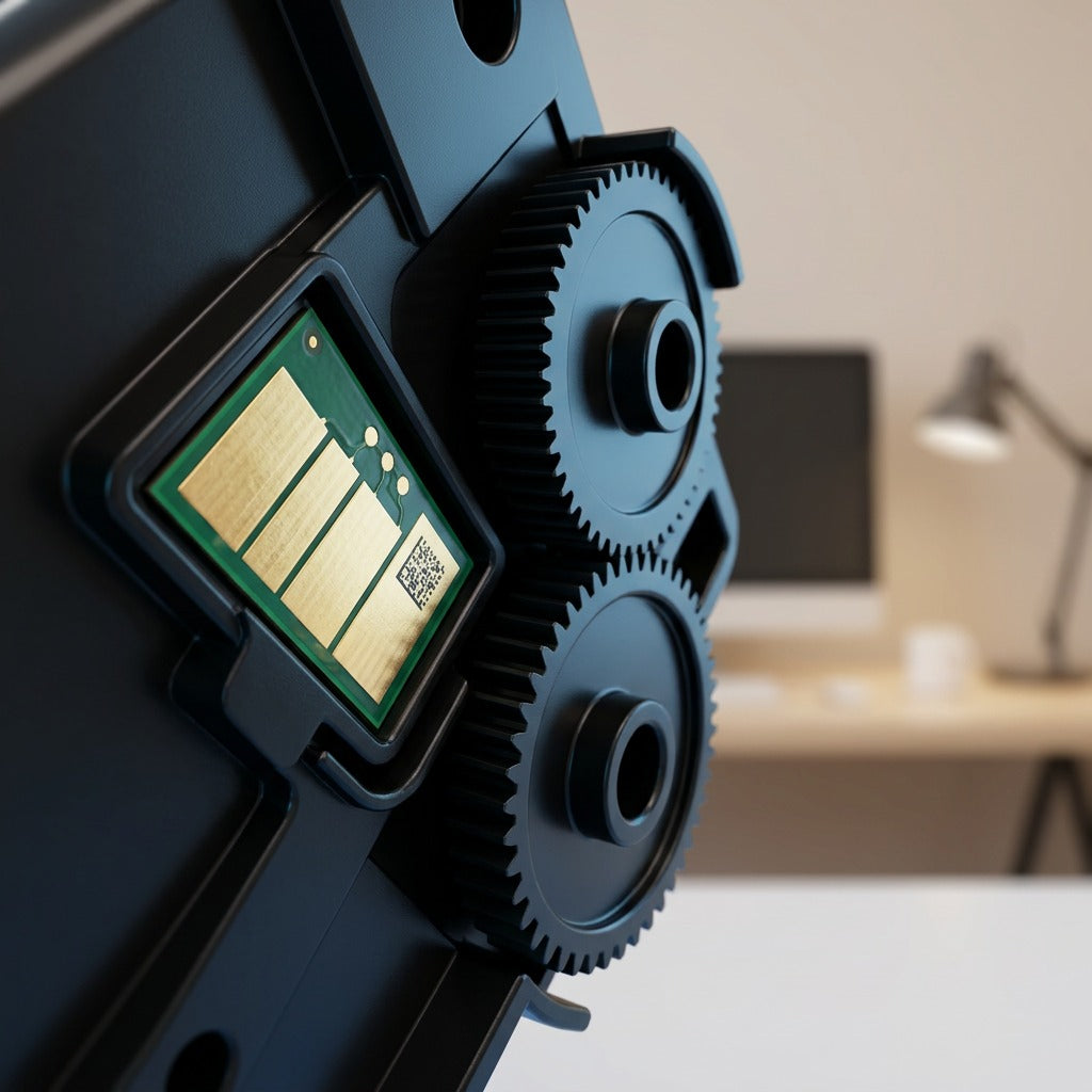 Macro detail of the gold-plated contact chip and alignment gears on an HP 80X compatible toner.
