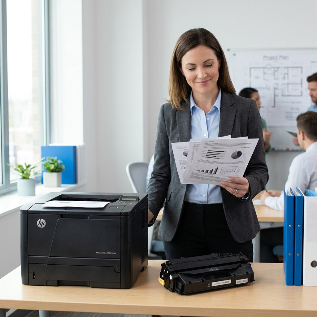 A professional holding printed documents next to an HP printer and an Elevate Imaging CF280X toner.