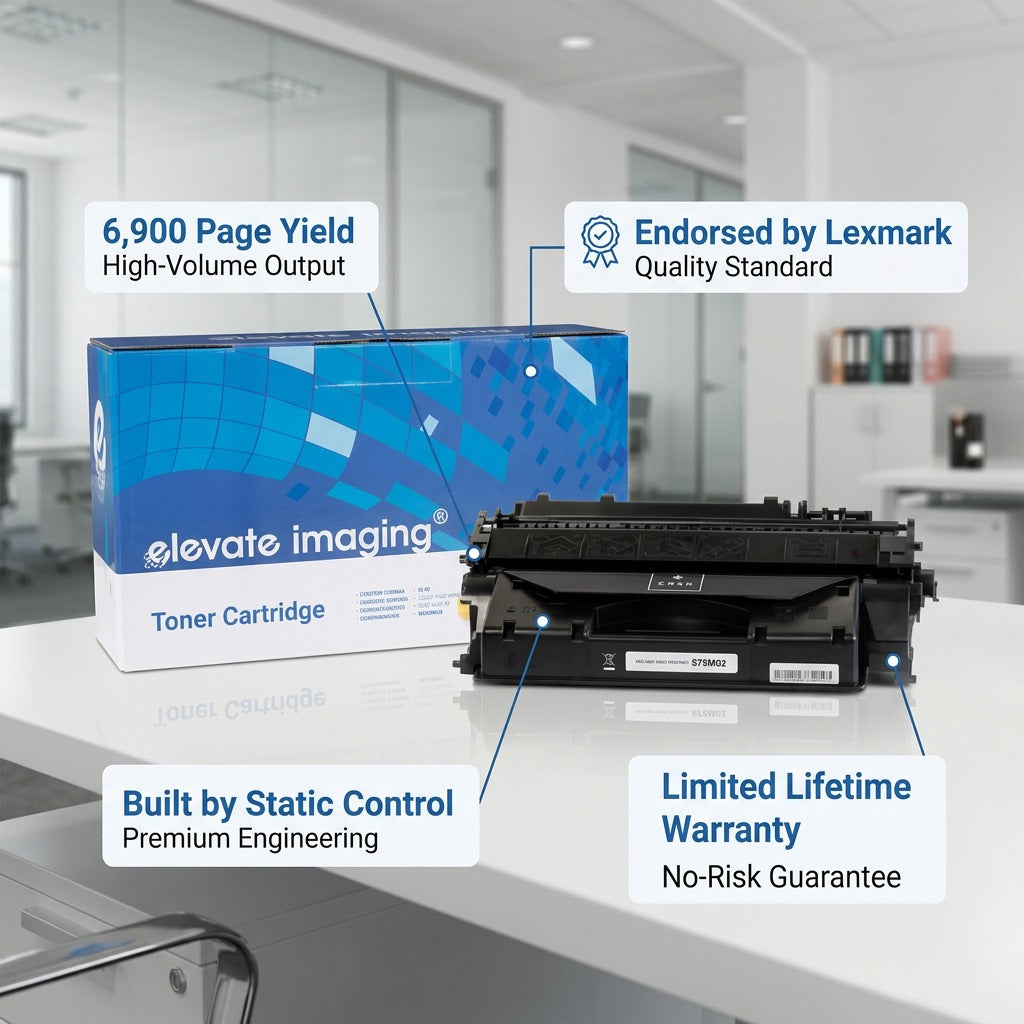Elevate Imaging HP 80X compatible toner cartridge featuring a 6,900 page yield and warranty.