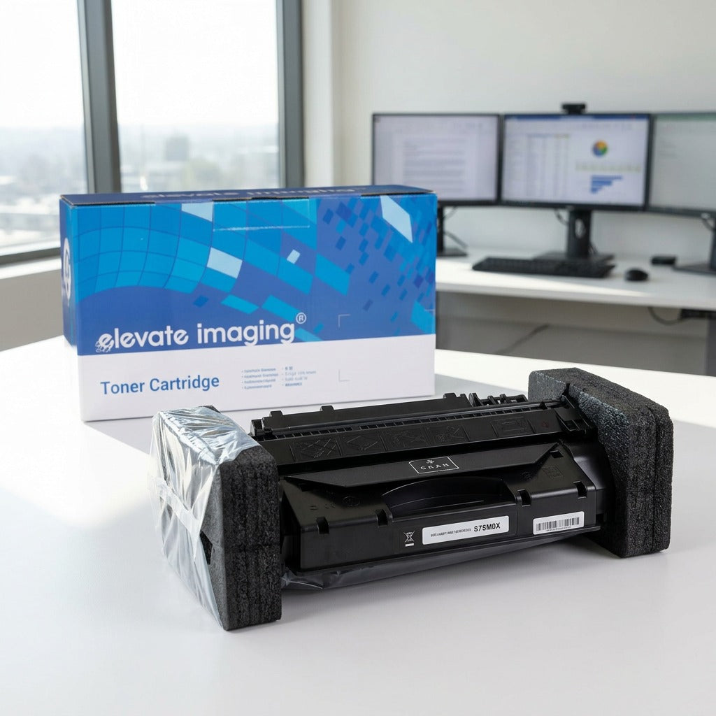 Elevate Imaging HP 80X compatible toner cartridge unboxed with protective foam in a modern office.