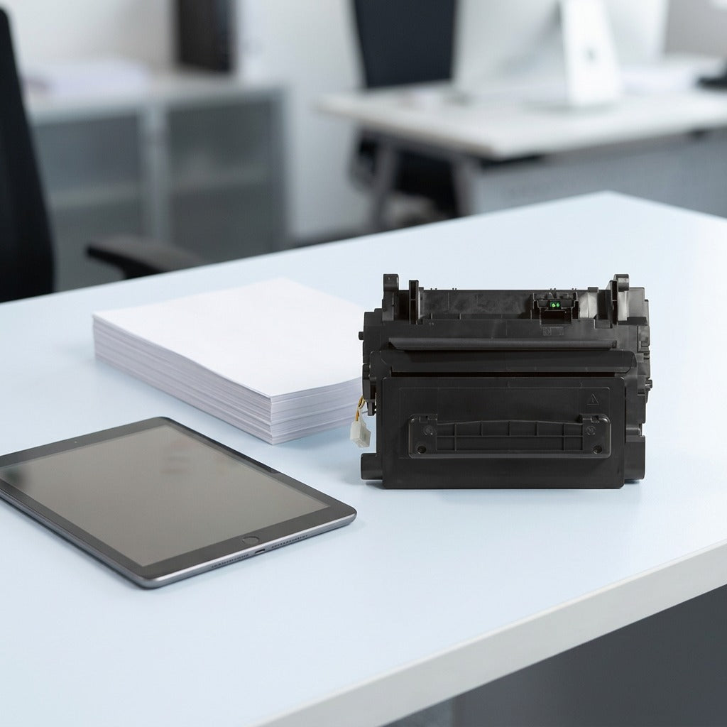 Scale reference for HP CF281A toner cartridge beside a tablet and paper on a desk.