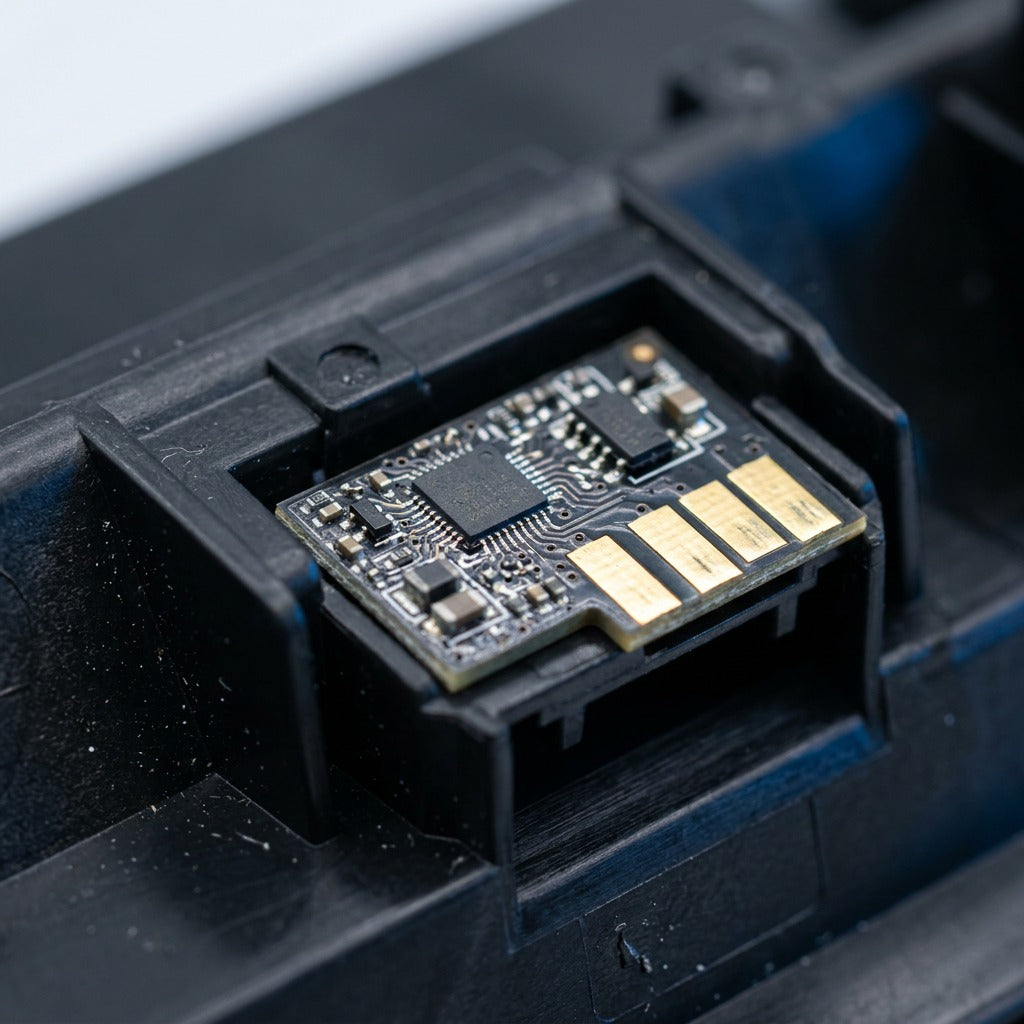 Macro detail of the gold-plated smart chip on an HP CF281A (81A) compatible black toner cartridge.