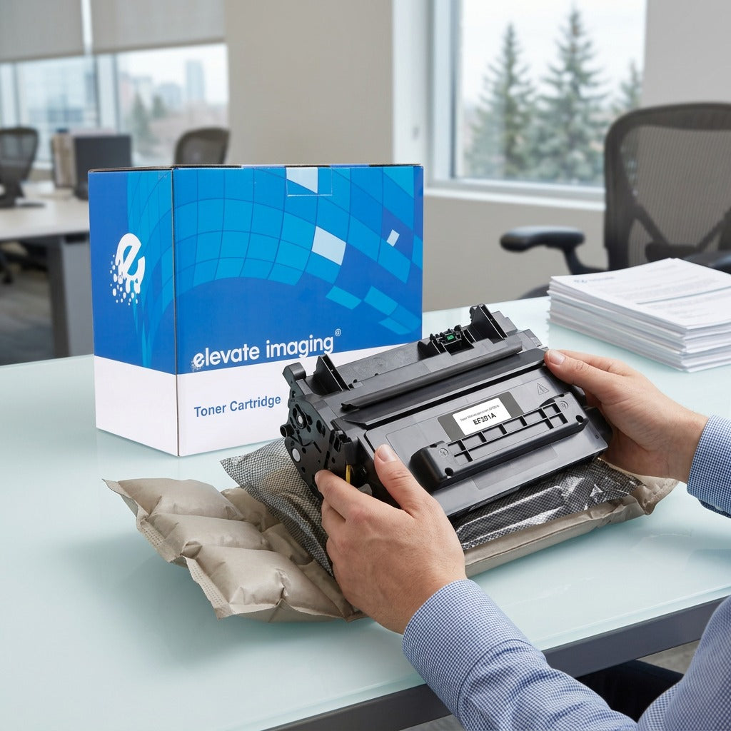 Unboxing the Elevate Imaging HP 81A (CF281A) black toner cartridge from protective air-cushioning.