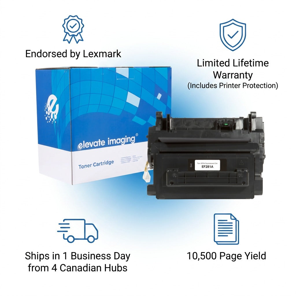 Elevate Imaging HP 81A (CF281A) Toner Cartridge with Lexmark endorsement and 10,500 page yield.