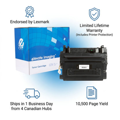 Elevate Imaging HP 81A (CF281A) Toner Cartridge with Lexmark endorsement and 10,500 page yield.