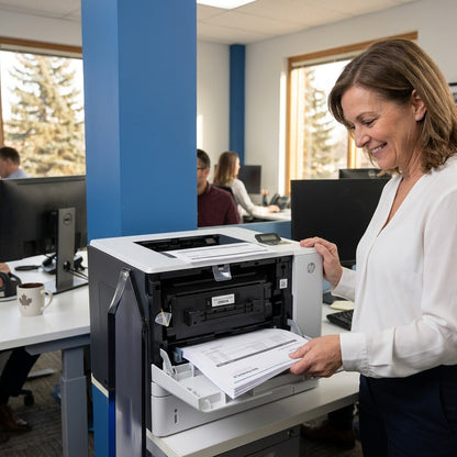Office manager collecting documents from a laser printer using an Elevate Imaging HP 81A toner cartridge.