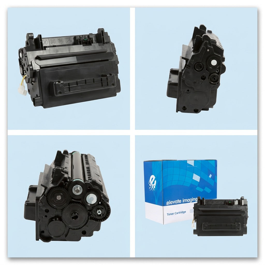 Four-view matrix of Elevate Imaging HP 81A CF281A black toner cartridge and retail box.