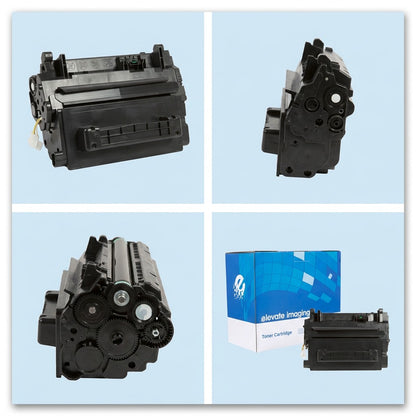 Four-view matrix of Elevate Imaging HP 81A CF281A black toner cartridge and retail box.