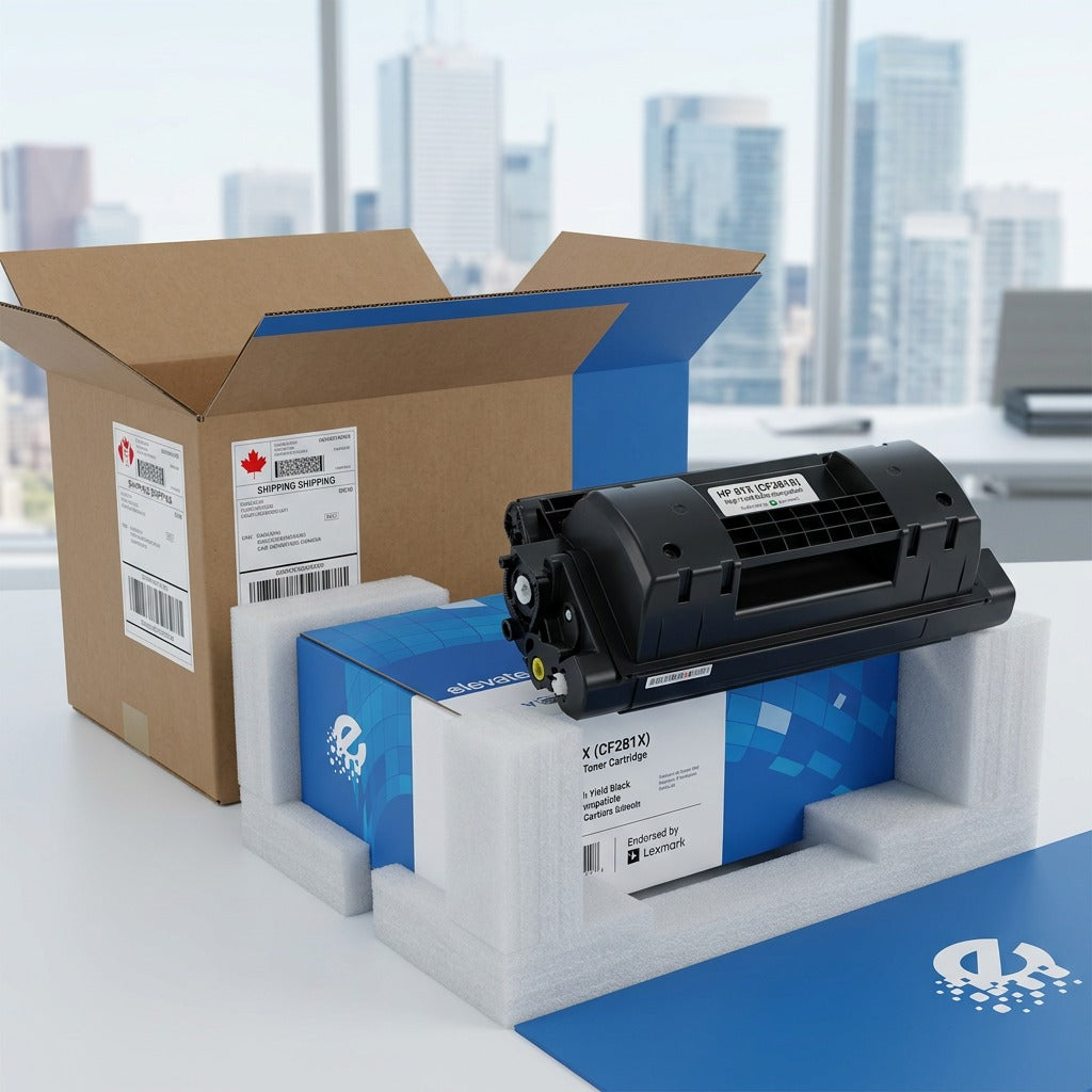 Unboxing of the Elevate Imaging HP 81X (CF281X) black toner cartridge with secure foam packaging.