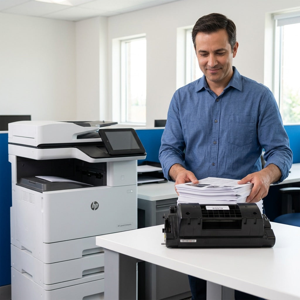 A professional holding a stack of documents next to an HP printer and a black 81X toner cartridge.