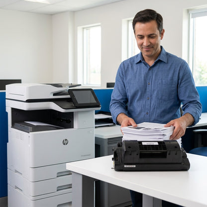 A professional holding a stack of documents next to an HP printer and a black 81X toner cartridge.