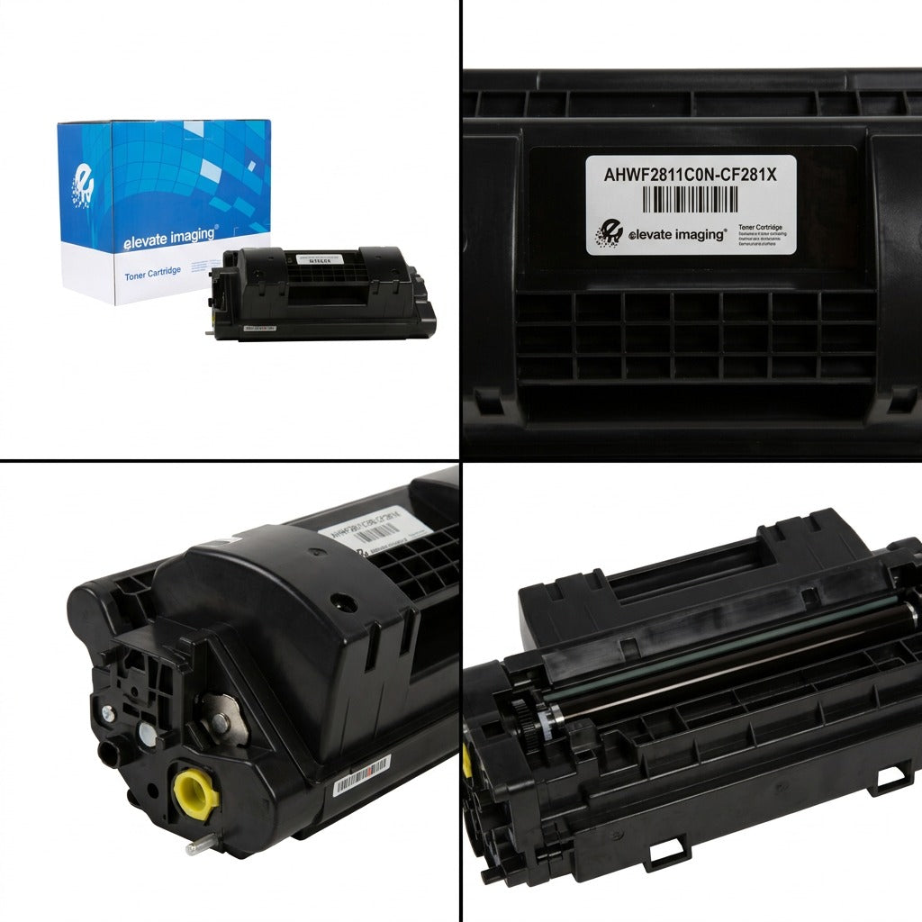 Matrix of the Elevate Imaging HP 81X (CF281X) black toner showing the box and various product angles.