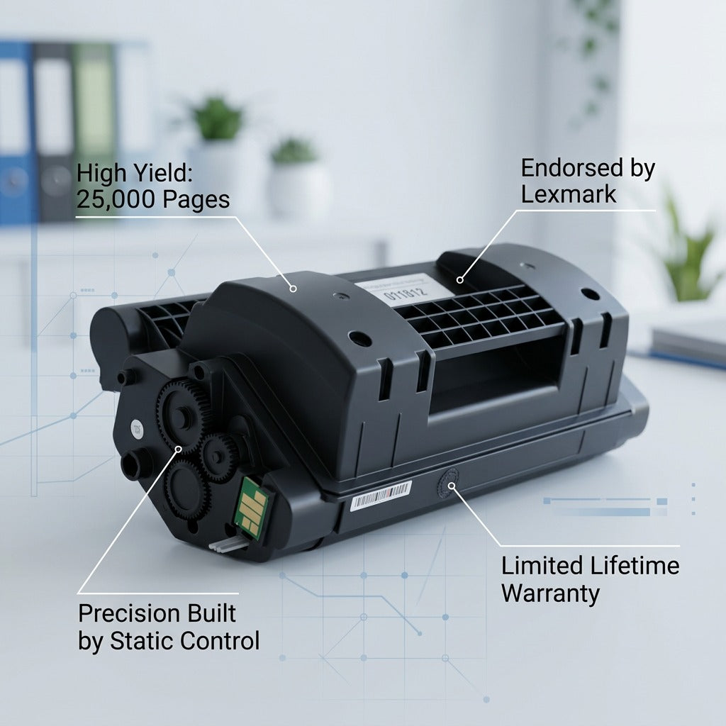 A black HP 81X (CF281X) compatible toner cartridge with feature callouts highlighting 25k page yield.