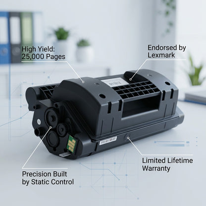 A black HP 81X (CF281X) compatible toner cartridge with feature callouts highlighting 25k page yield.