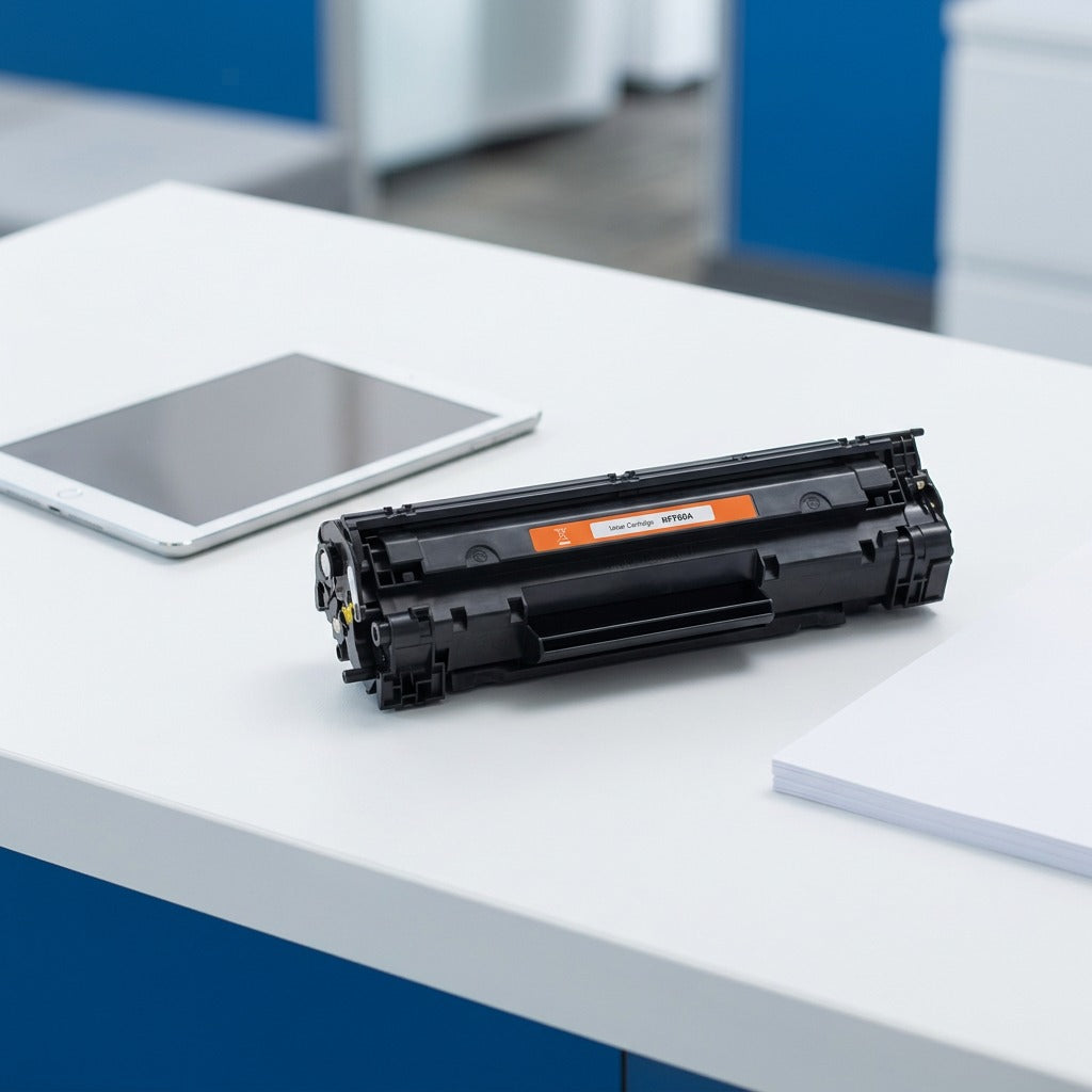 HP 83A CF283A compatible black toner cartridge on a white desk next to a tablet for scale.