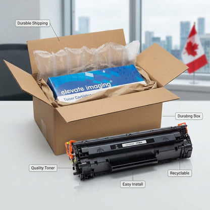 Elevate Imaging HP CF283A toner cartridge unboxed on a desk with durable shipping packaging.