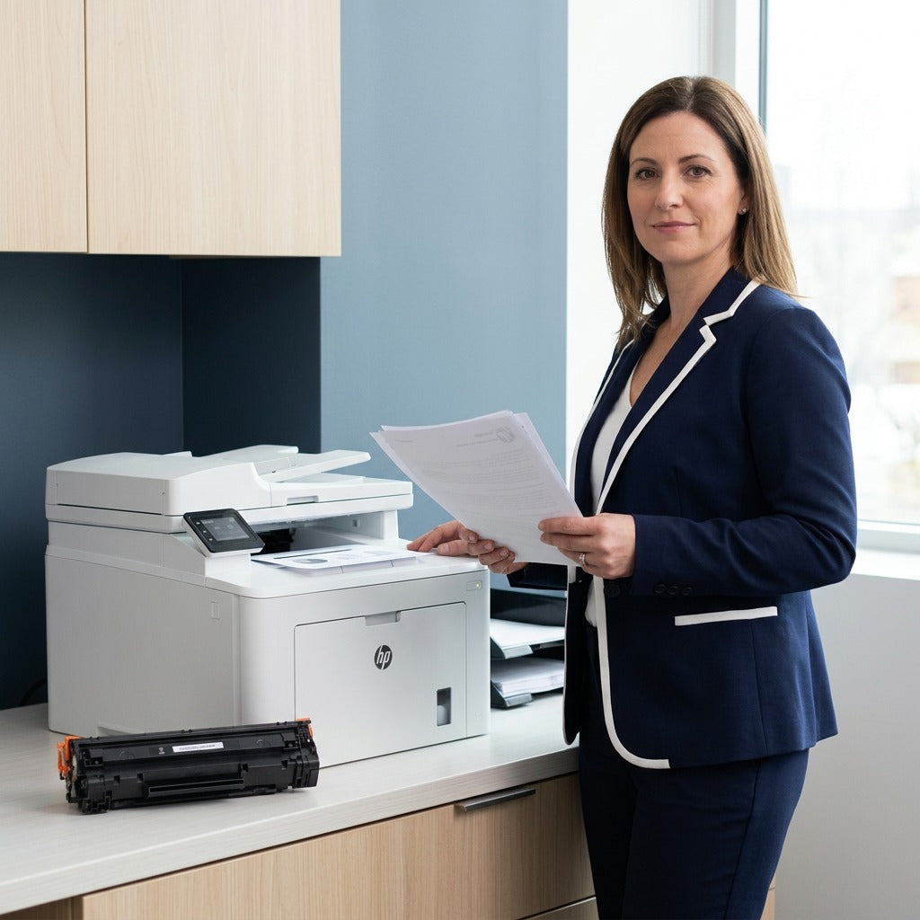 A professional holding documents by an HP laser printer with an HP 83A (CF283A) toner cartridge.
