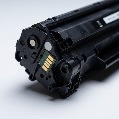 Macro detail of the gold-plated smart chip contact on an Elevate Imaging HP 83A toner cartridge.
