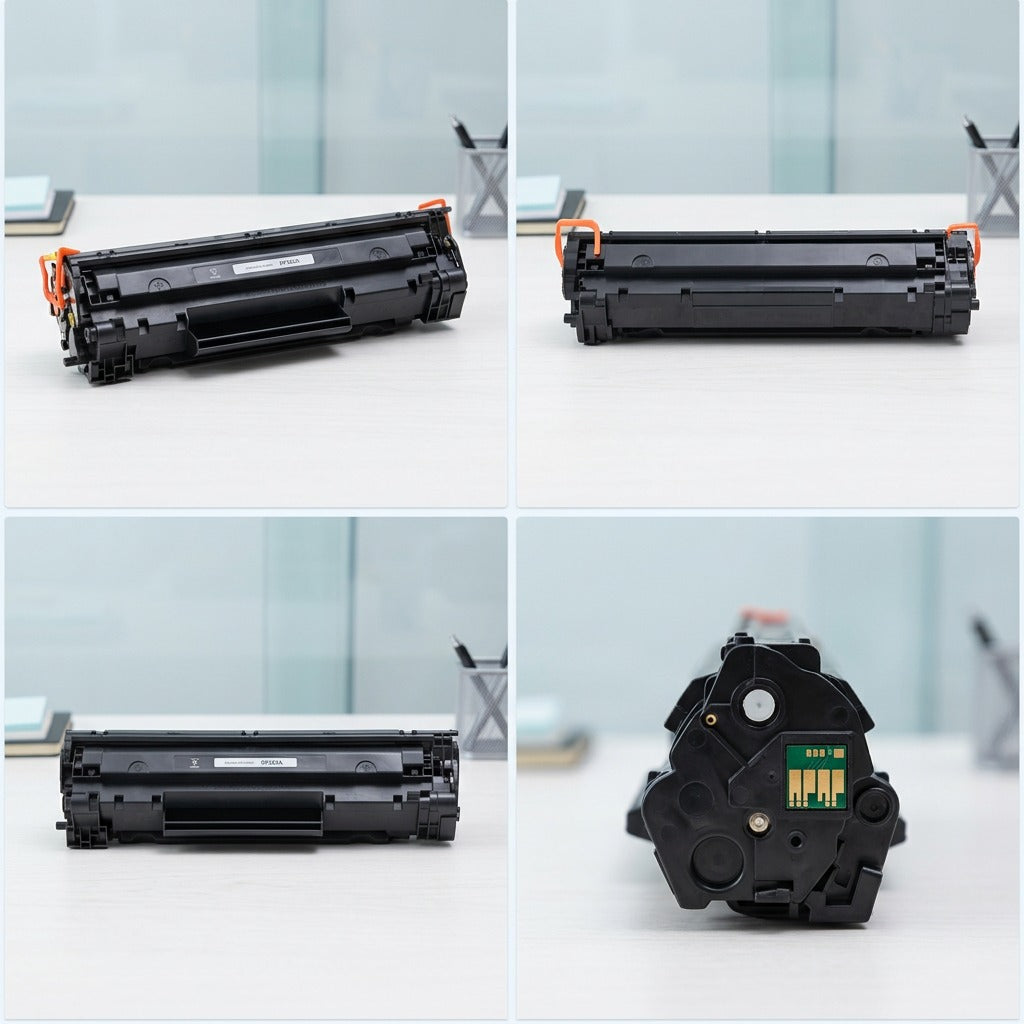 Four-view matrix of an Elevate Imaging HP 83A (CF283A) black toner cartridge showing multiple angles.