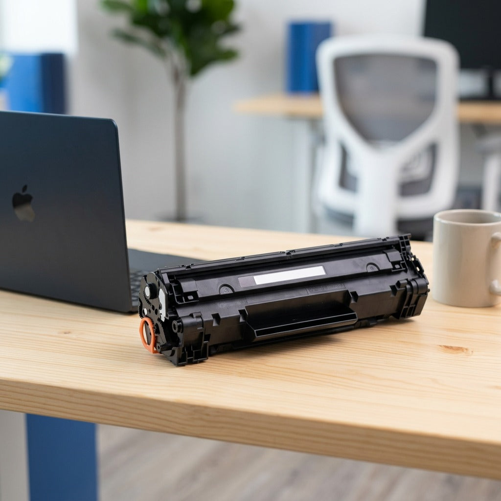 Elevate Imaging HP 83X (CF283X) black toner cartridge on a wood desk next to a laptop and mug.