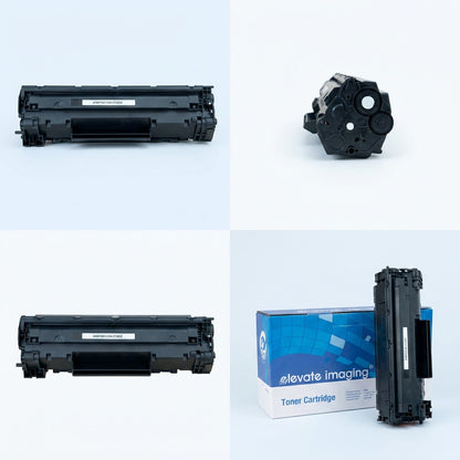 Four-view grid of Elevate Imaging HP 83X (CF283X) compatible toner cartridge and its retail box.