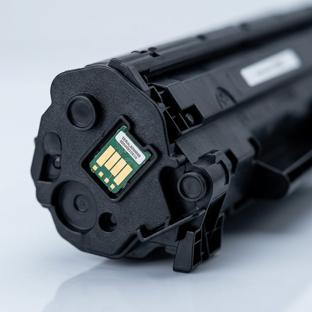 Macro detail of the contact chip and black plastic casing on an Elevate Imaging HP 83X toner.