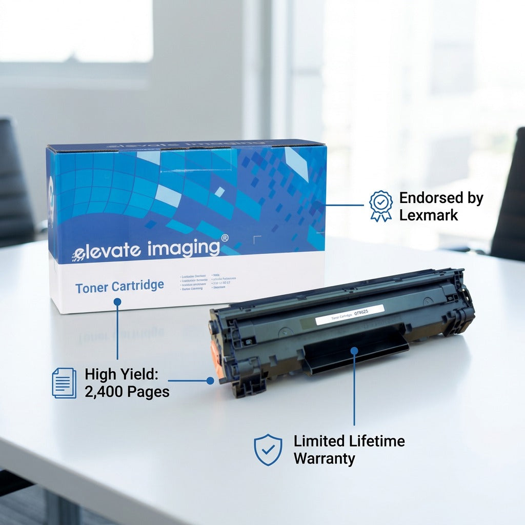 Elevate Imaging HP 83X (CF283X) toner with callouts for 2,400 page yield and Lexmark endorsement.