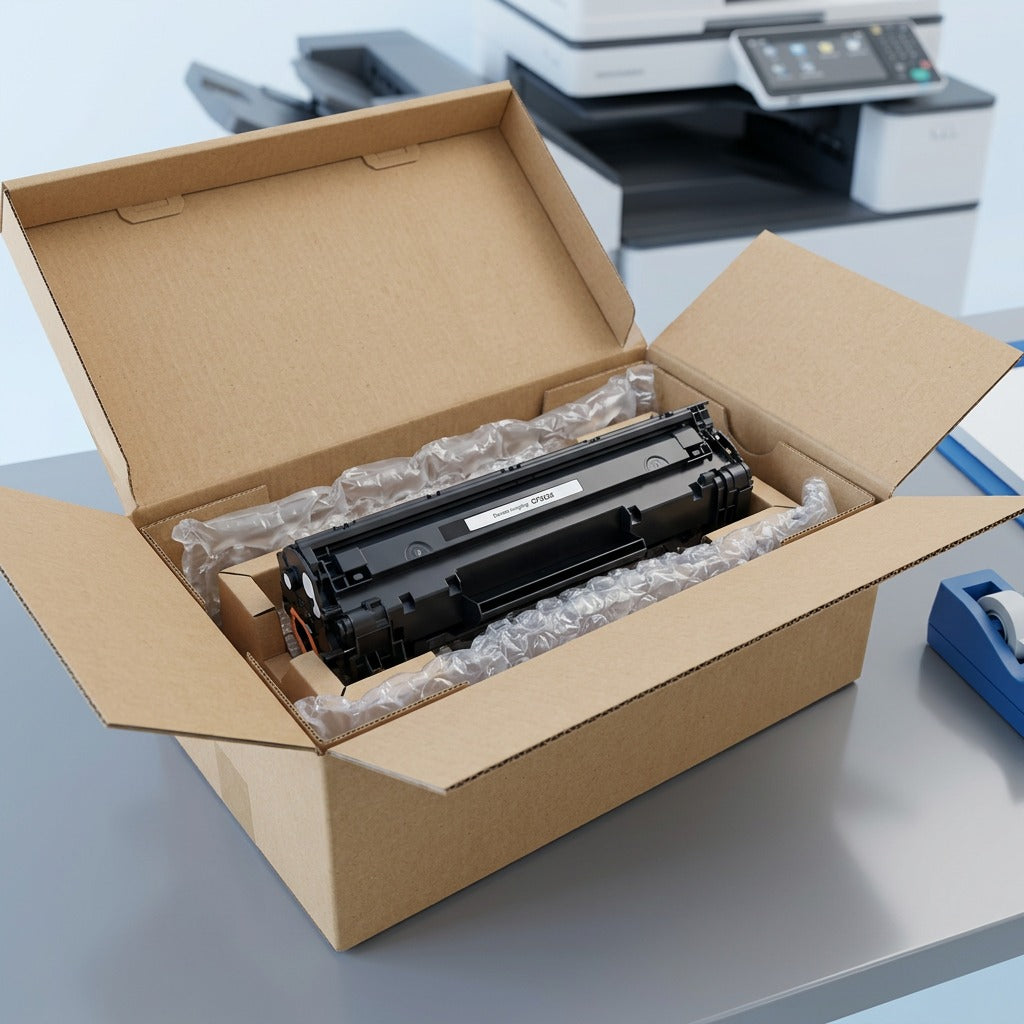Elevate Imaging HP 83X black toner cartridge unboxed in secure air-cushioning and cardboard box.
