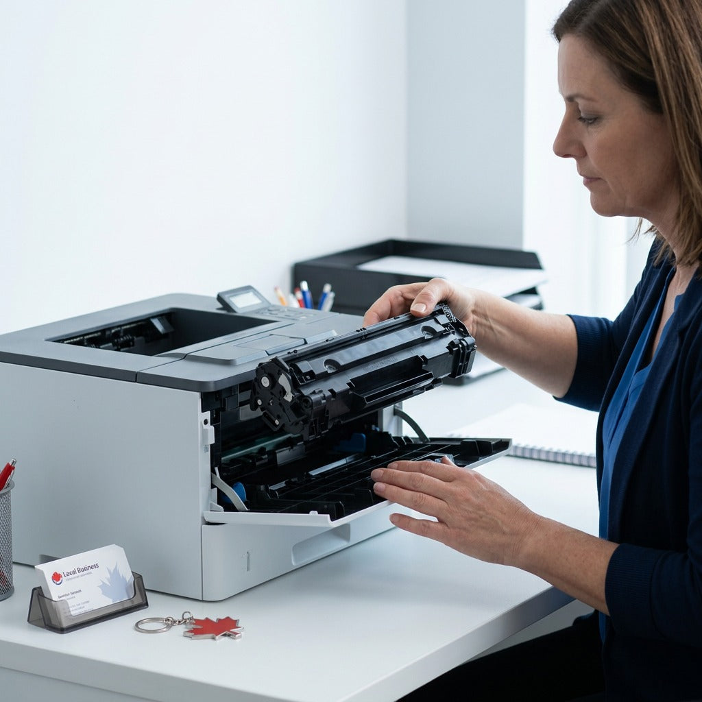 A professional in an office setting installs an HP 83X (CF283X) black toner into a laser printer.