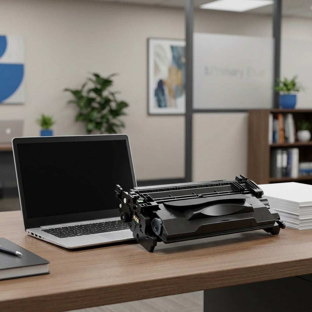 Elevate Imaging HP 87A (CF287A) compatible black toner cartridge shown for scale beside a laptop.