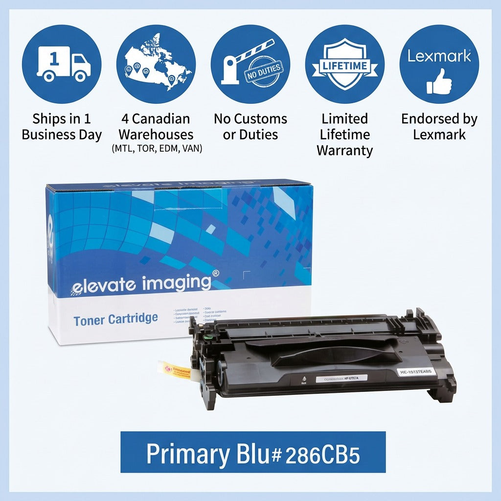 Elevate Imaging HP 87A compatible toner cartridge infographic showing shipping and warranty info.