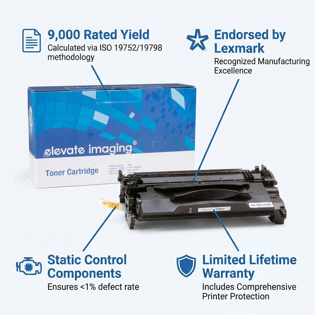 Elevate Imaging compatible 87A black toner cartridge with 9,000 page yield and lifetime warranty.