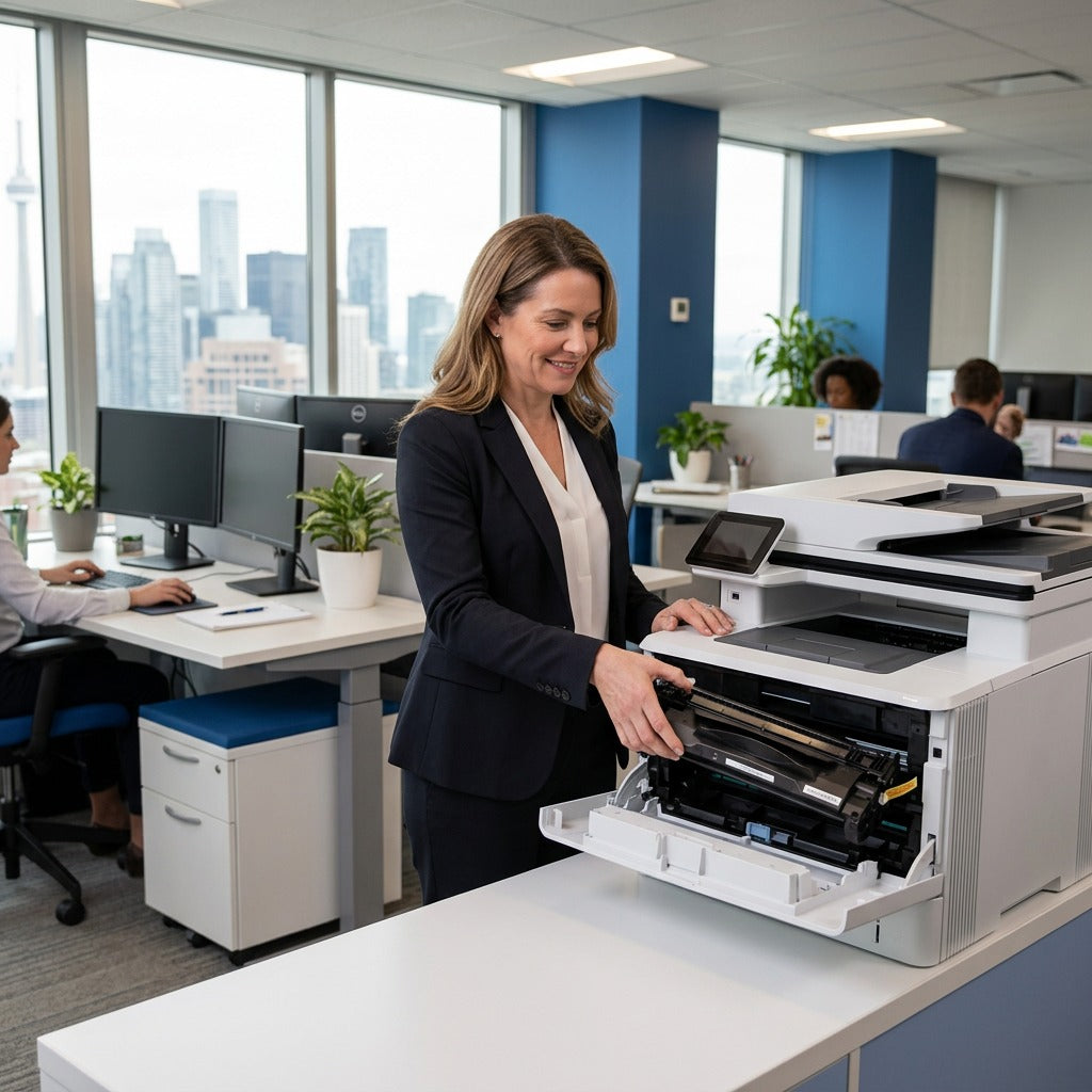Professional woman installing an Elevate Imaging HP 87A compatible toner cartridge in an office.