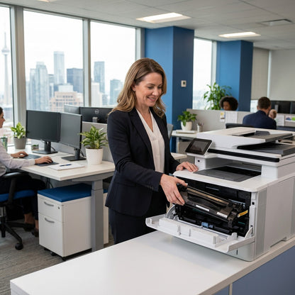 Professional woman installing an Elevate Imaging HP 87A compatible toner cartridge in an office.