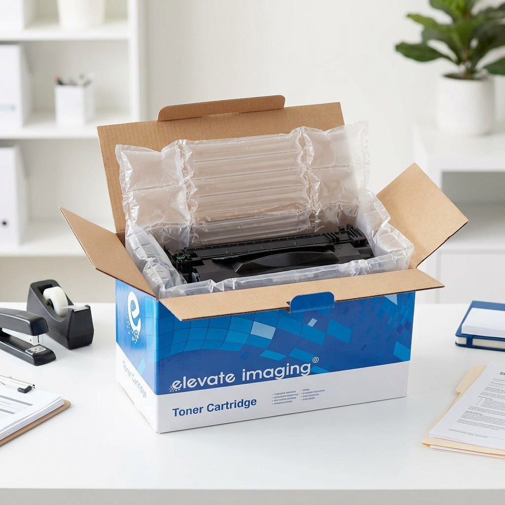 Unboxing an Elevate Imaging HP 87A compatible toner cartridge protected by air-cushion packaging.