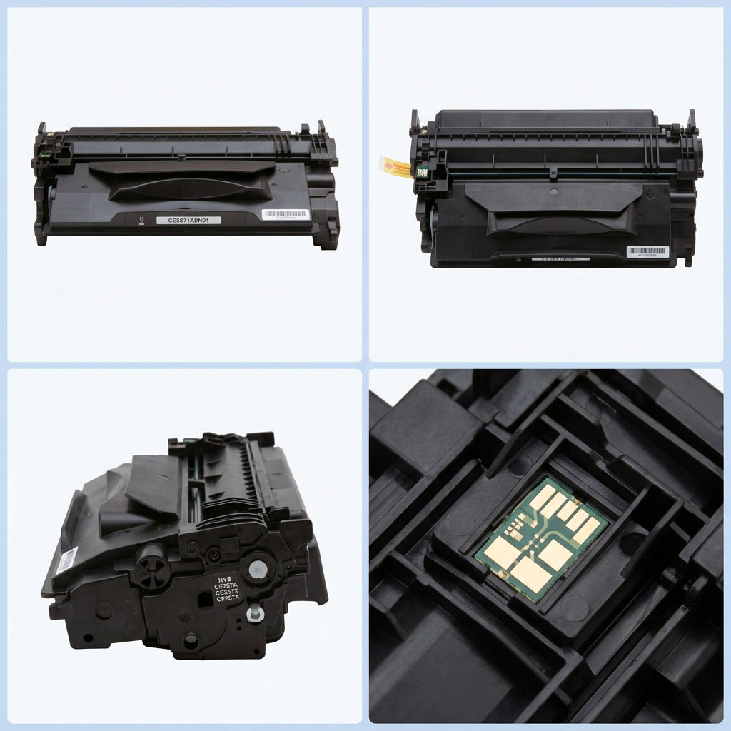 Four-grid view of a matte black HP 87A (CF287A) compatible toner cartridge and its contact chip.