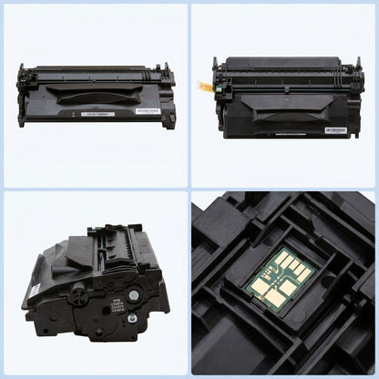Four-grid view of a matte black HP 87A (CF287A) compatible toner cartridge and its contact chip.
