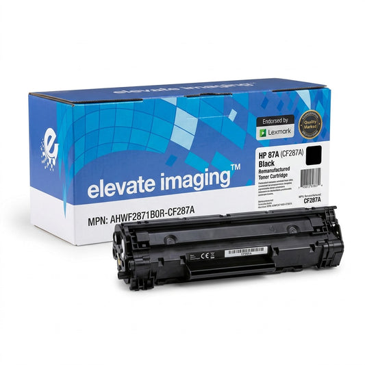 Elevate Imaging remanufactured HP 87A (CF287A) black toner cartridge and its retail box.