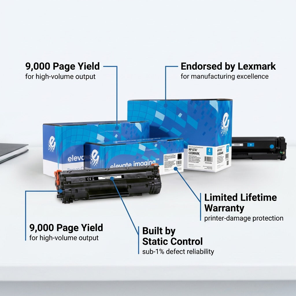 Elevate Imaging HP 87A black toner cartridge with callouts for 9,000 page yield and warranty.