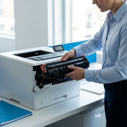 Person installing an HP 87A (CF287A) remanufactured toner cartridge into an HP printer in an office.