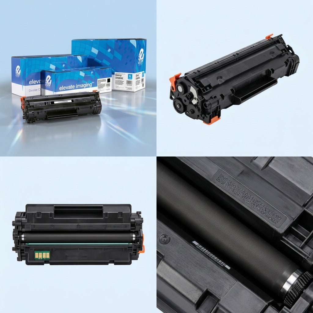 2x2 matrix of the HP 87A (CF287A) remanufactured toner cartridge with retail box and detail shots.