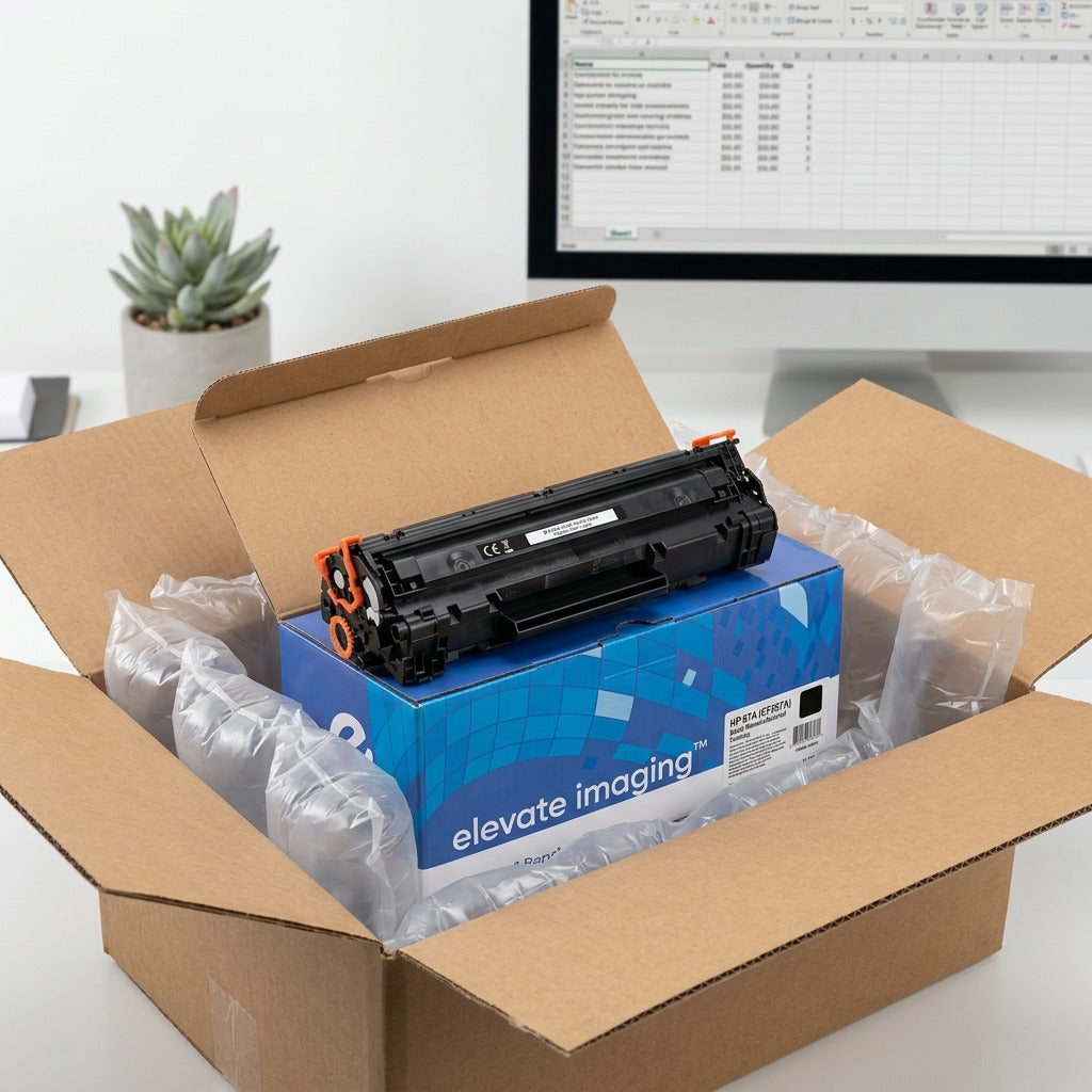 Elevate Imaging HP 87A black toner cartridge unboxed in a shipping carton with air-pillow packaging.