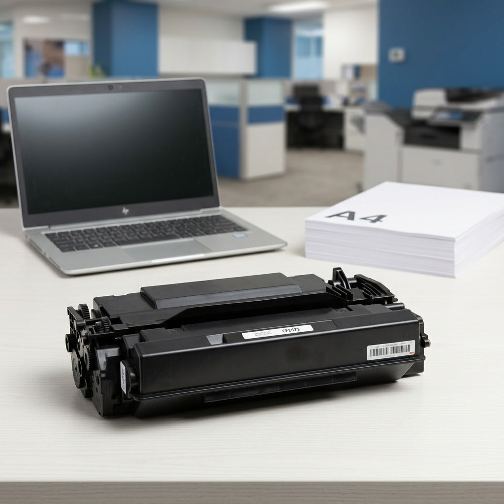 High-yield black toner cartridge for HP 87X on a desk next to a laptop and A4 paper for scale.